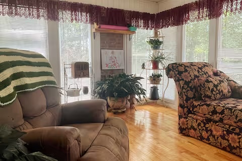 Sunroom daybed with garden views